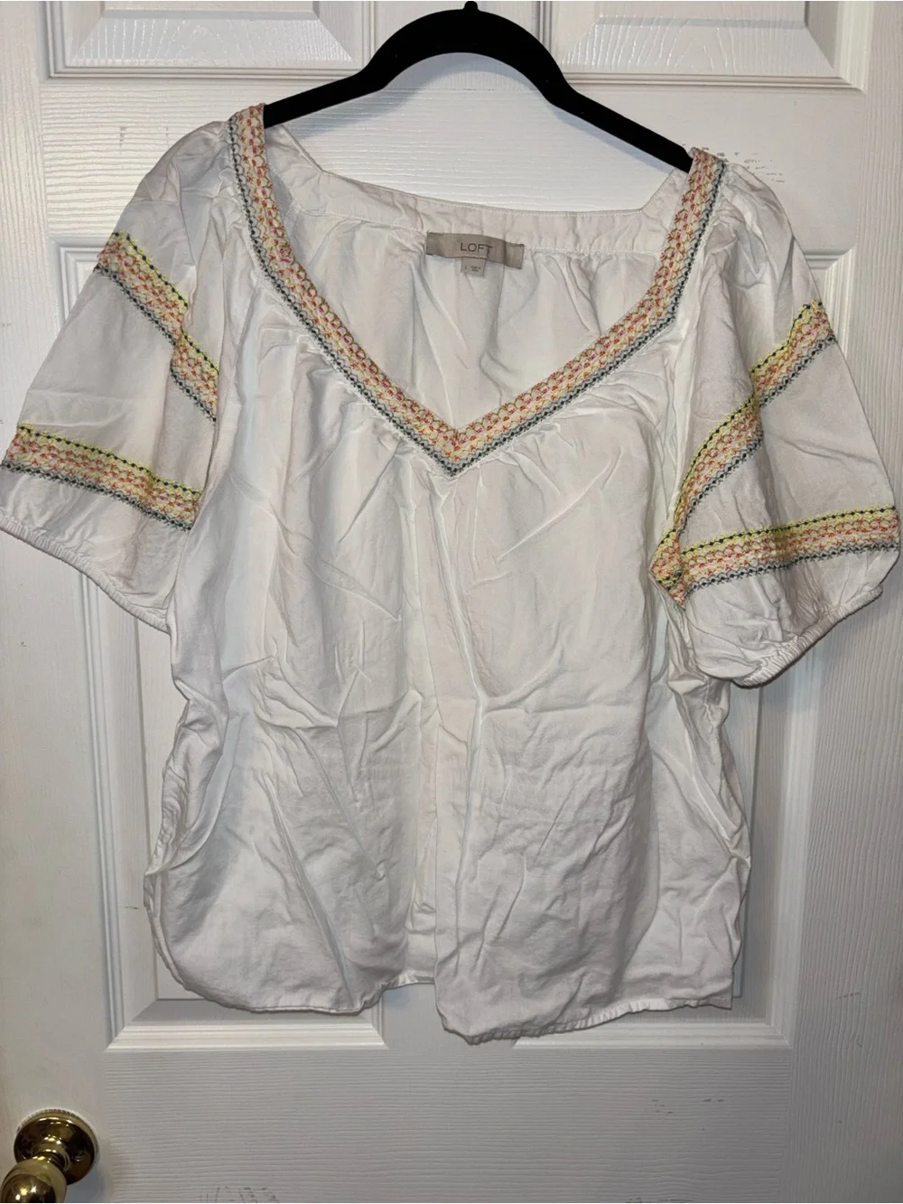 LOFT White Peasant Top with Multicolor Embroidered Trim